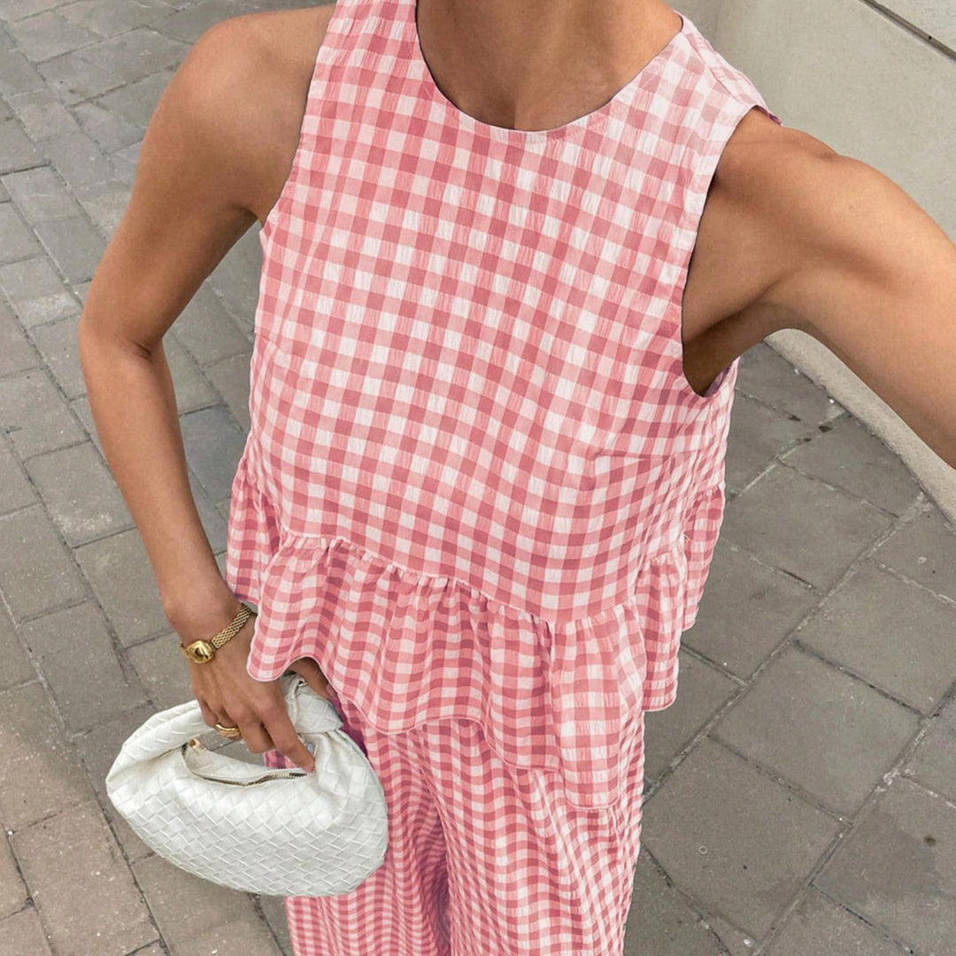 Womens Gingham Set Ruffle Plaid Peplum Tops and Pants Summer Vacation Going Out Sets for Daily Wear Beach admired