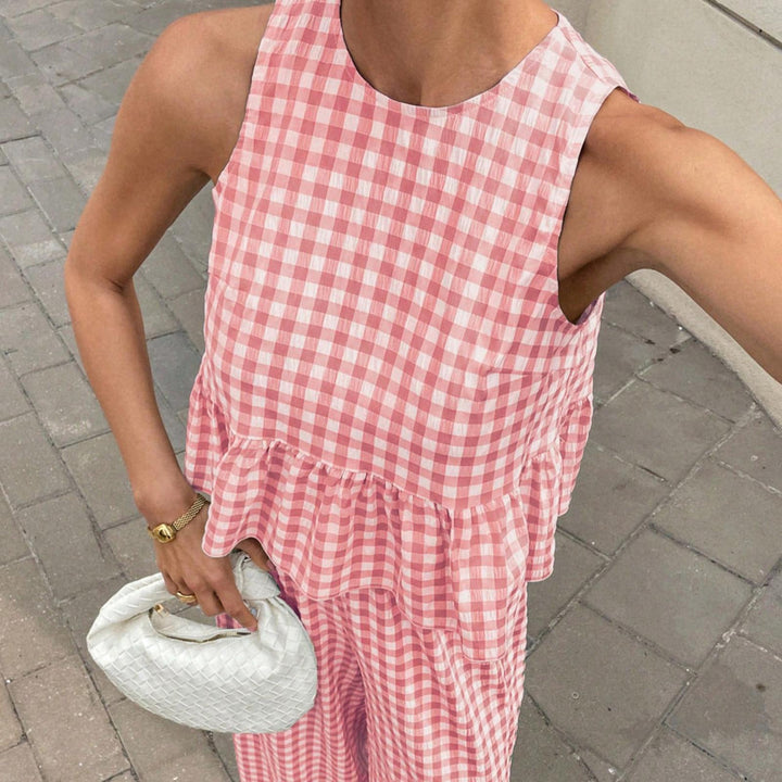 Womens Gingham Set Ruffle Plaid Peplum Tops and Pants Summer Vacation Going Out Sets for Daily Wear Beach admired