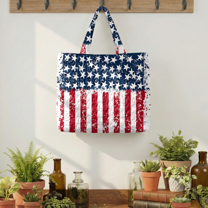 Quilted Tote Bag for Women American Flag Patriotic Handbags with Handles Travel Casual Purse for Vacation practical