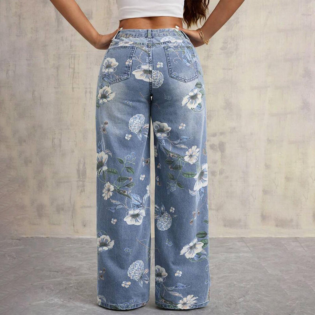 Floral Print Jeans for Women Mid Rise Trendy Jeans Wide Leg Casual Denim Pants with Pockets for Vacation grand