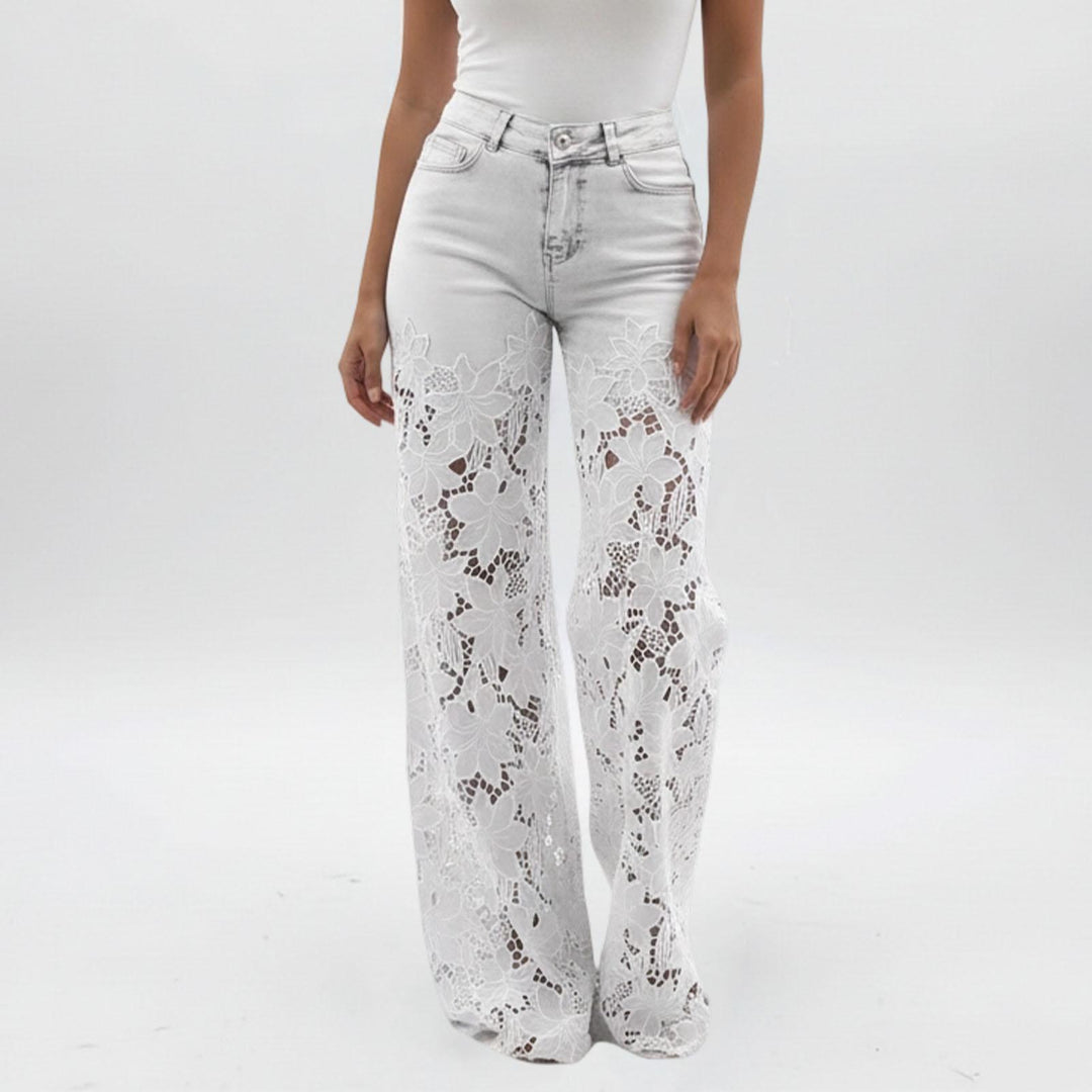 Lace Jeans for Women Hollow Lace Spliced High Waisted Fashion Jeans Loose Fit Denim Pants for Daily Wear exceptional