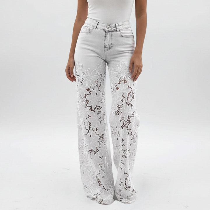 Lace Jeans for Women Hollow Lace Spliced High Waisted Fashion Jeans Loose Fit Denim Pants for Daily Wear exceptional