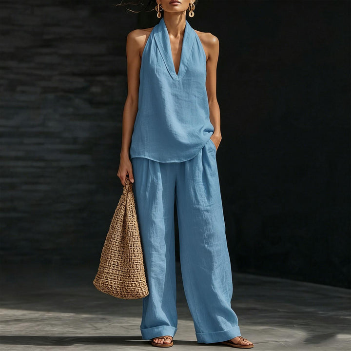 Summer Outfits for Women 2 Piece Set Deep V Neck Sleeveless Loose Fit Halter Top and Wide Leg Pants for Beach classical