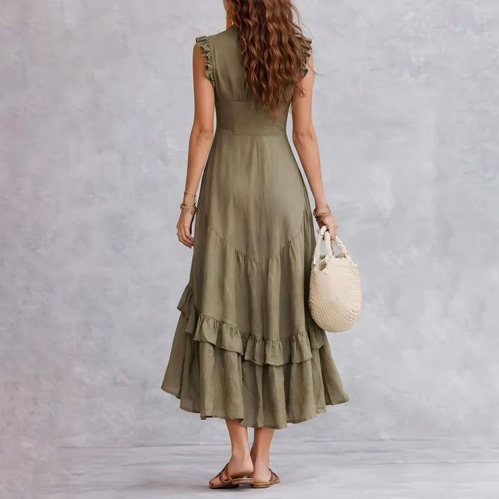Ruffle Dress Long V Neck Button Flowy Cap Sleeve Summer Maxi Dresses Casual Beach Clothes for Beach Vacation serviceable