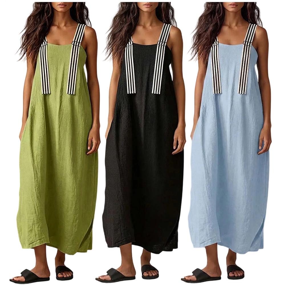 Midi Sleeveless Dresses for Women Striped Shoulder Strap Beach Vacation Loose Sleeveless Dress for Travel useful