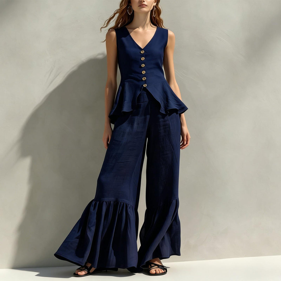 Women Two Piece Outfits Sets V Neck Sleeveless Peplum Top and Ruffle Flare Leg Pants Set for Dating Travel astonishing