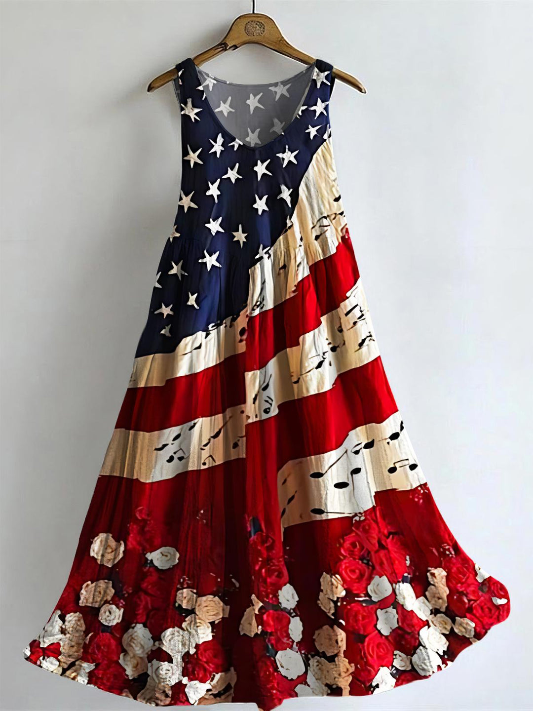 American Flag Rose Music Note Independence Day V-neck Bamboo Linen Sleeveless Dress
