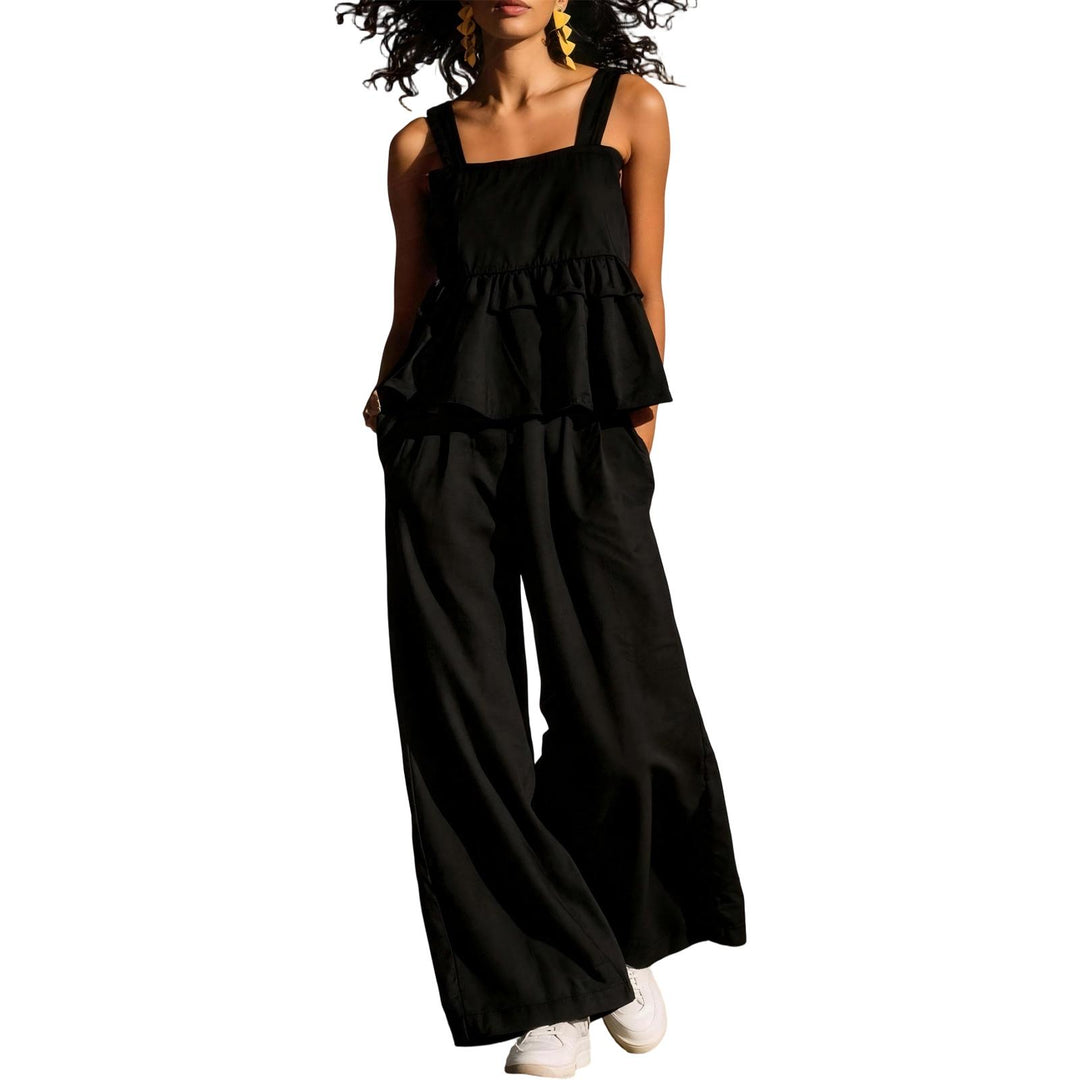 2 Piece Summer Sets for Women Ruffle Casual Summer Sleeveless Peplum Top and Wide Leg Pants Sets for Leisure workable