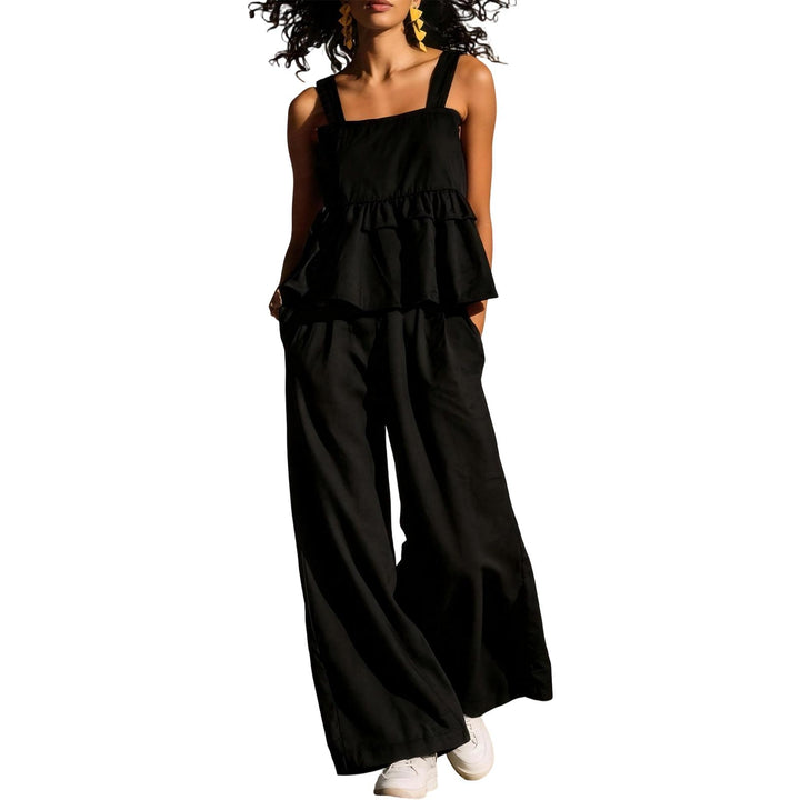 2 Piece Summer Sets for Women Ruffle Casual Summer Sleeveless Peplum Top and Wide Leg Pants Sets for Leisure workable