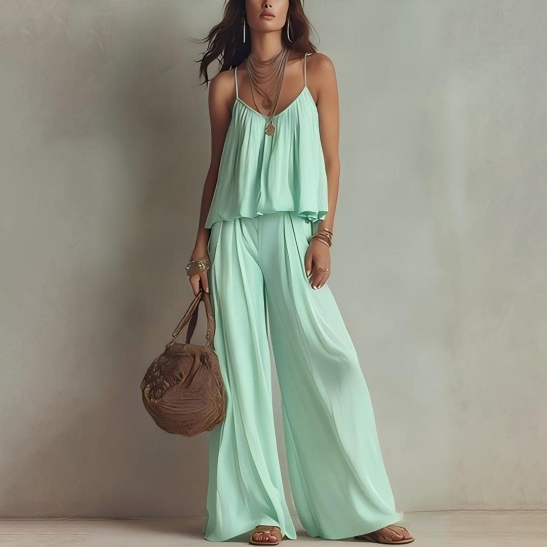Womens Two Piece Sets Summer Spaghetti Strap Solid Color Bustier Wide Leg Pant Going Out Clothes for Party heathly
