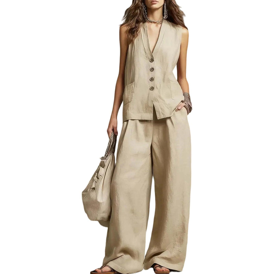 Womens Vest and Pants Set Two Piece Button Down Vest Top and Wide Leg Pants Casual Outfits for Work Travel ideal