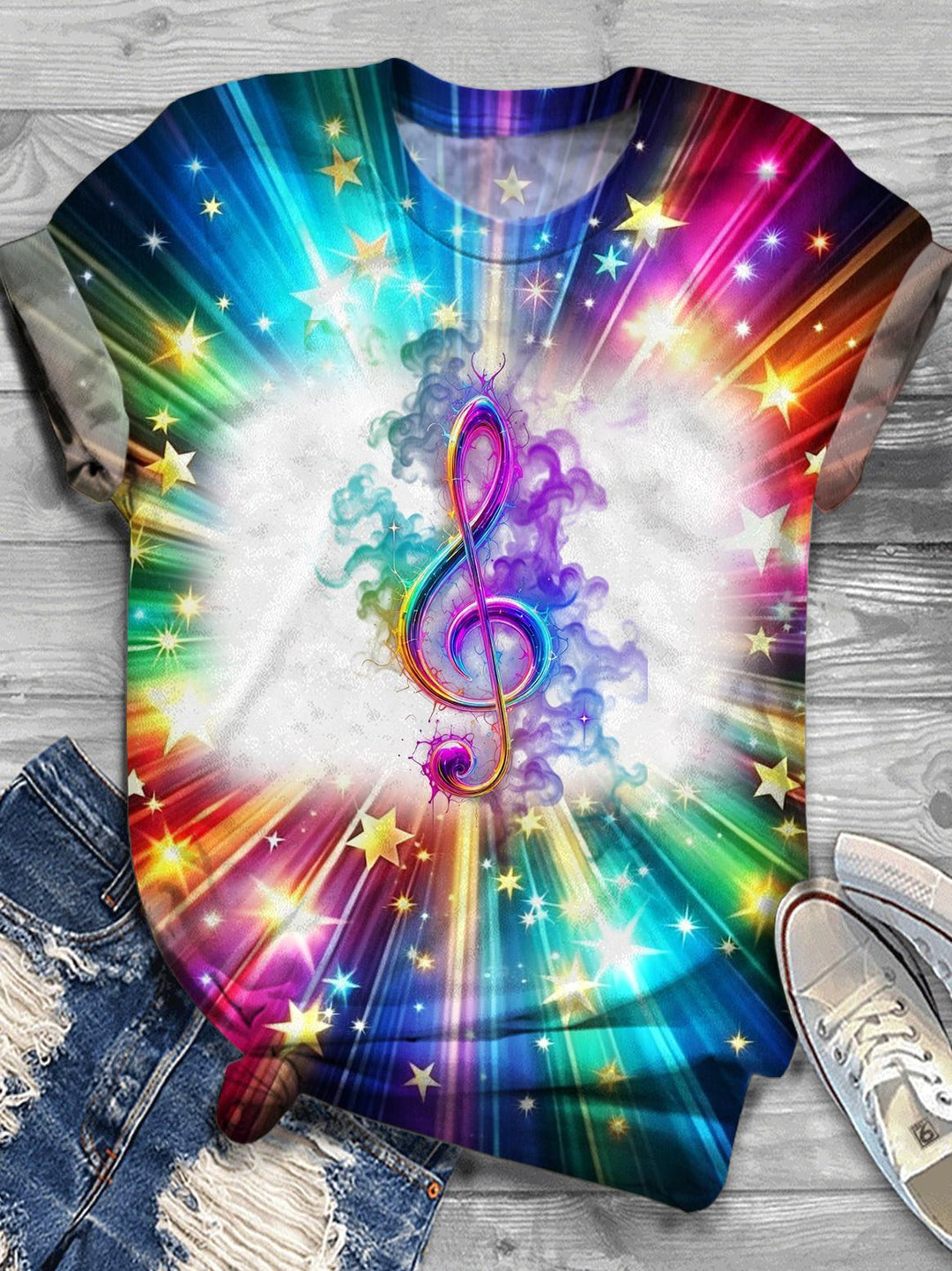 Women's Colorful Glowing Music Note Casual Graphic Round Neck Short Sleeve T-Shirt
