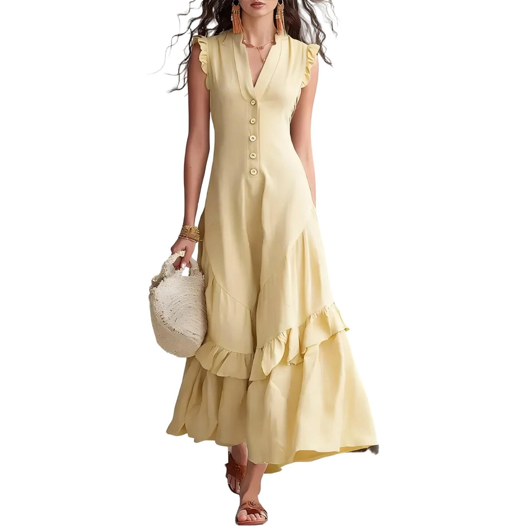 Ruffle Dress Long V Neck Button Flowy Cap Sleeve Summer Maxi Dresses Casual Beach Clothes for Beach Vacation serviceable