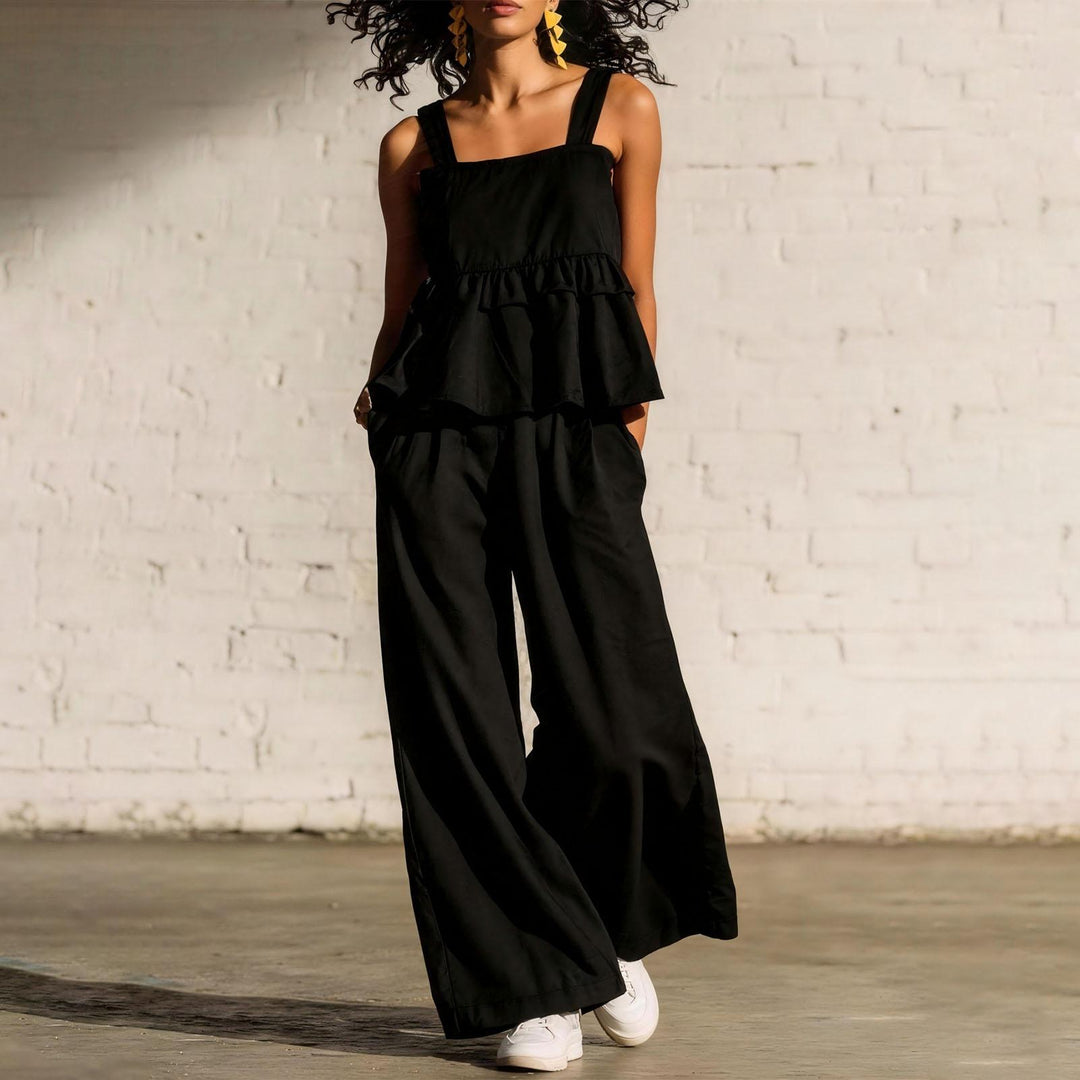 2 Piece Summer Sets for Women Ruffle Casual Summer Sleeveless Peplum Top and Wide Leg Pants Sets for Leisure workable