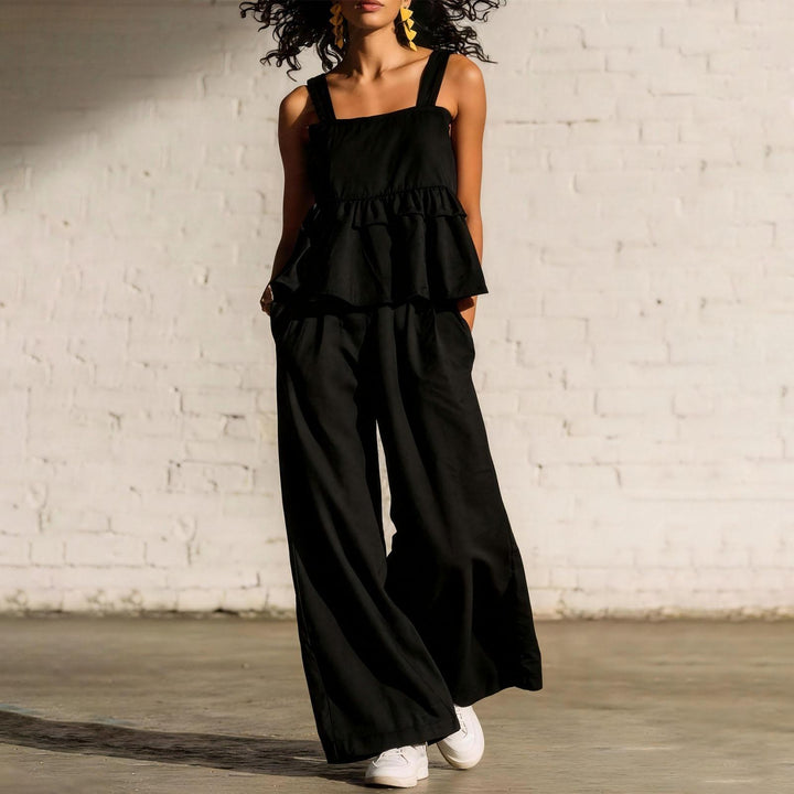 2 Piece Summer Sets for Women Ruffle Casual Summer Sleeveless Peplum Top and Wide Leg Pants Sets for Leisure workable
