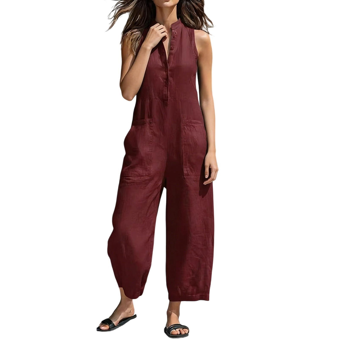 Sleeveless Jumpsuits for Women Button Front Stand Collar Sleeveless Loose Wide Leg Jumpsuit for Vacation classical