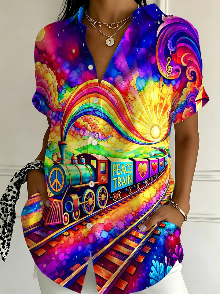 Hippie Peace Tie Dye Train Psychedelic Women's Short Sleeve Shirts