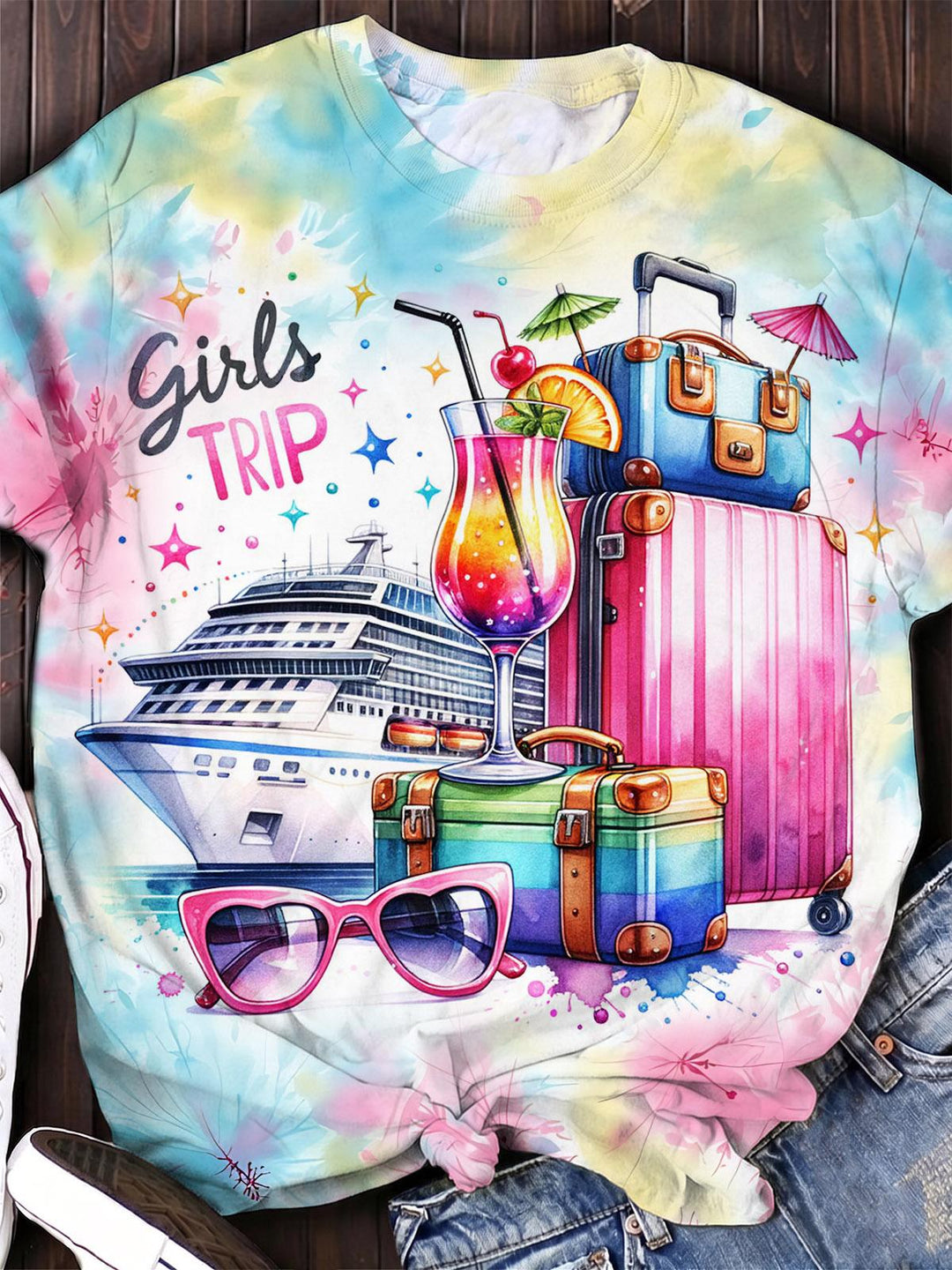 Girls Trip Cruise Cocktail Vacation Tie Dye print Women's Short Sleeve Crew Neck T-shirt