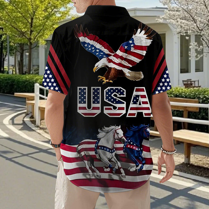 Flag Button Up Shirt Men Eagle Print Short Sleeve Button Down Patriotic Hawaiian Shirts for Parade Party amiable