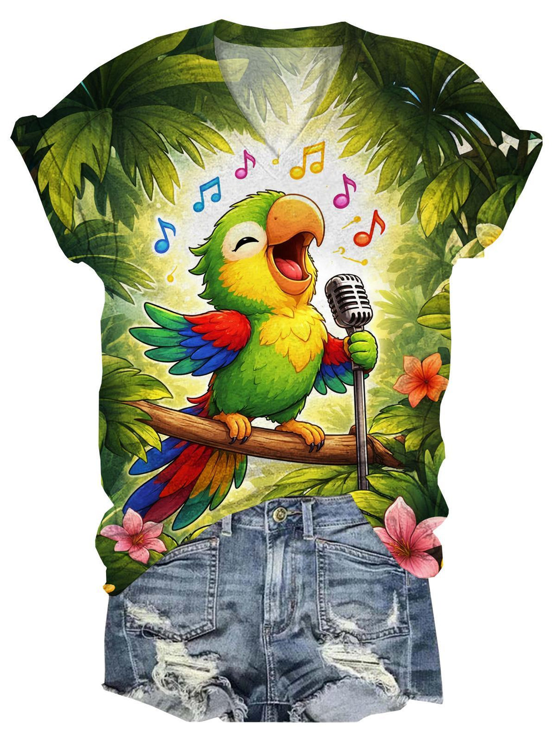 Parrot Note Hawaiian Print V-neck T-Shirt