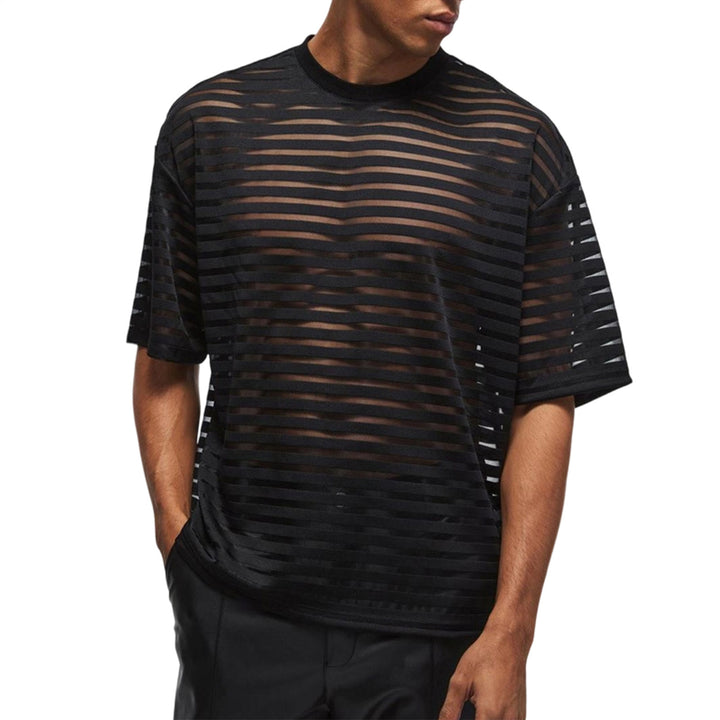 Sheer Shirt Men Striped Short Sleeve Crewneck T Shirts See Through Party Tops for Going Out Dating Travel enjoyment