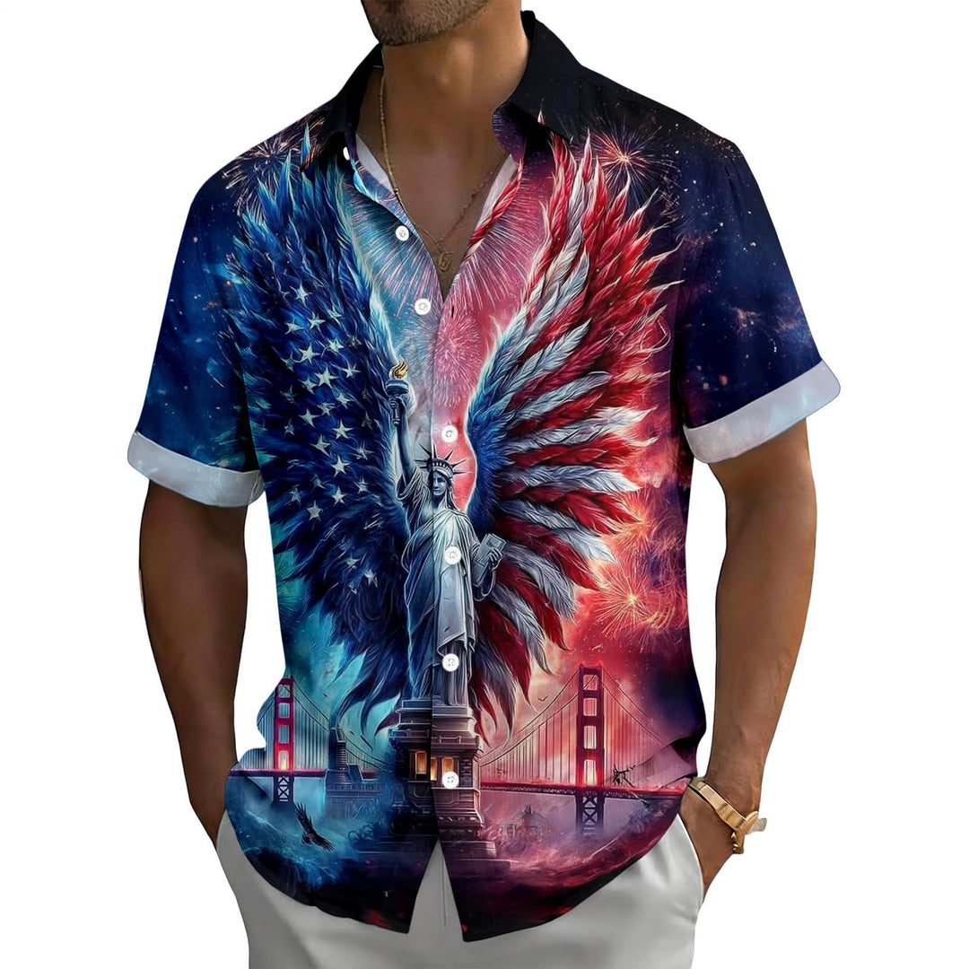 Flag Button Up Shirt Men Eagle Print Short Sleeve Button Down Patriotic Hawaiian Shirts for Parade Party amiable