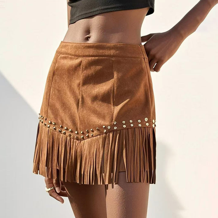 Fringe Skirt with Rivets Cowgirl Country Concert High Waist Fringe Mini Skirt for Dance Club Dates Travel ordinary