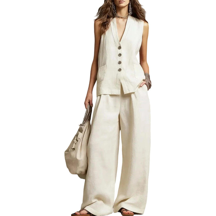 Womens Vest and Pants Set Two Piece Button Down Vest Top and Wide Leg Pants Casual Outfits for Work Travel ideal