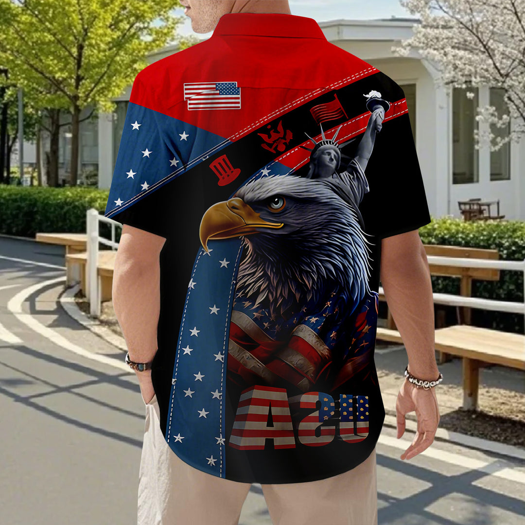 Flag Button Up Shirt Men Eagle Print Short Sleeve Button Down Patriotic Hawaiian Shirts for Parade Party amiable