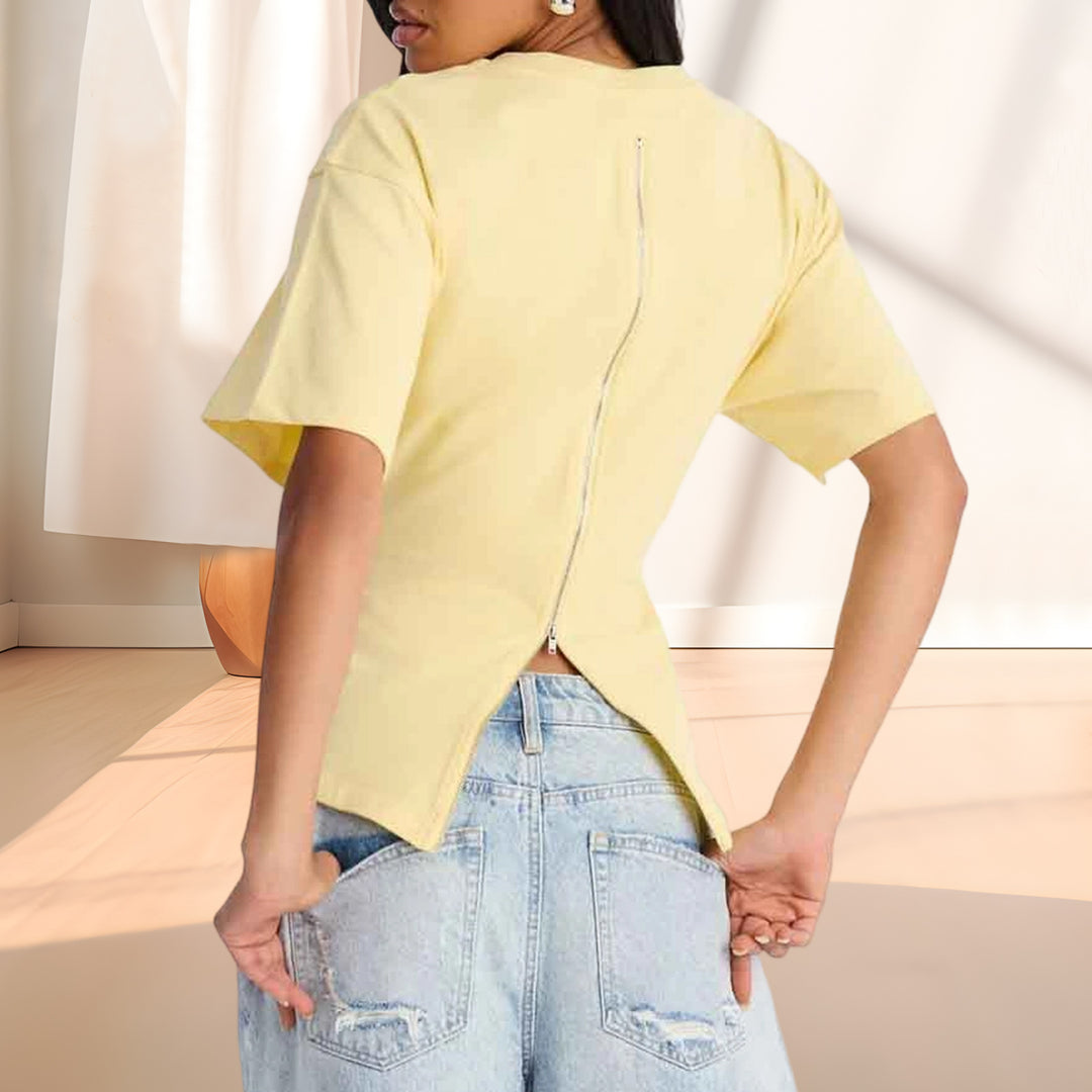 Zipper Back Shirt for Women Back Zipper Crewneck Short Sleeve Cinched Waist Top for Daily Wear Vacation method