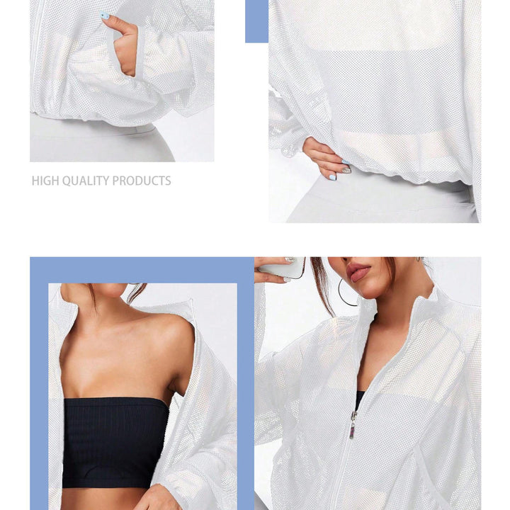 Sheer Mesh Jacket Women Mock Neck Lightweight Casual Zip Up Crop Jacket Summer Athletic Outerwear for Yoga boosted