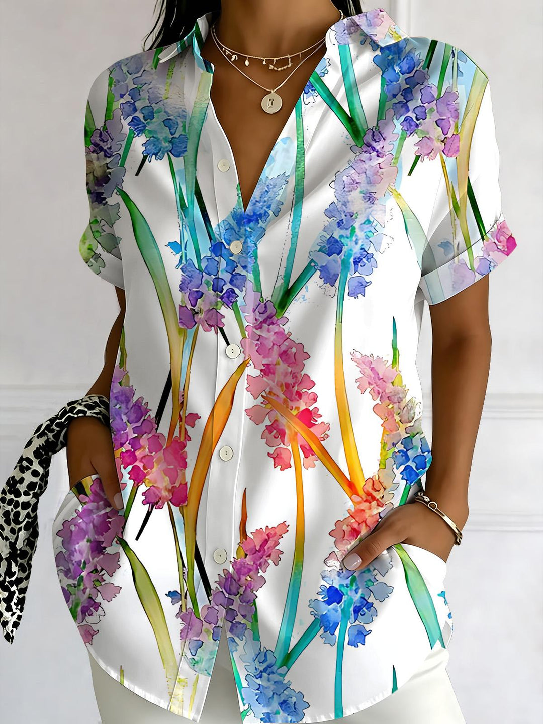 Colorful Flower Print Women's Short Sleeve Shirts