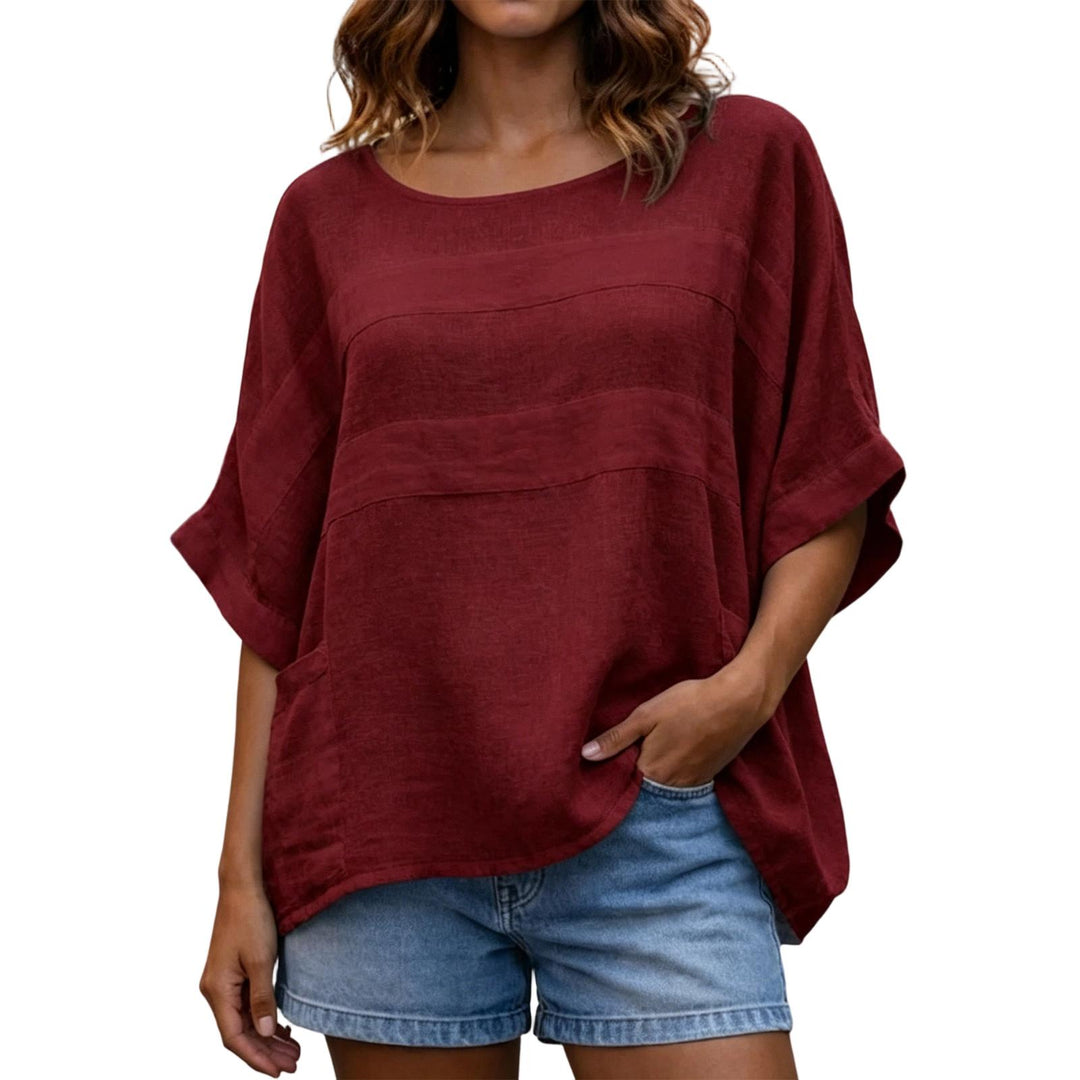 Women's Linen Shirt 3/4 Sleeve Casual Linen Tunic Blouse Crew Neck Peasant Shirts for Travel Daily Wear applied