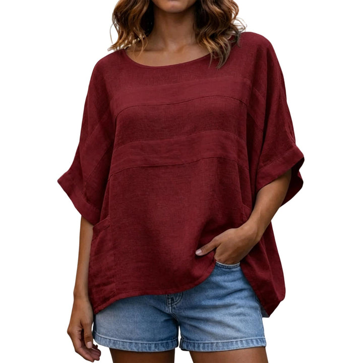Women's Linen Shirt 3/4 Sleeve Casual Linen Tunic Blouse Crew Neck Peasant Shirts for Travel Daily Wear applied