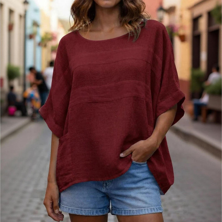 Women's Linen Shirt 3/4 Batwing Sleeve Summer Casual Crewneck Shirts Lightweight Flowy Blouses for Travel reasonable