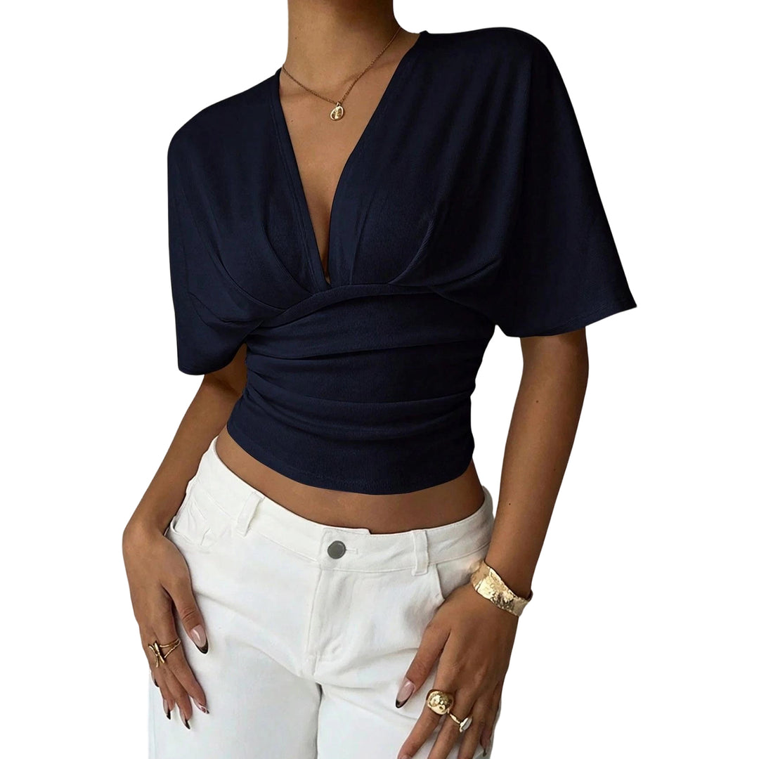 Cinch Waist Tops for Women Ruched Deep V Neck Crop Tops Sexy Summer T Shirts Short Sleeve for Travel Dating original