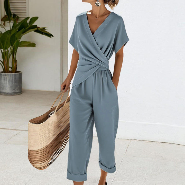 2 Piece Summer Sets for Women Wrap V Neck Side Twist Short Sleeve Solid Top Lounge Pants Outfits for Travel efficient