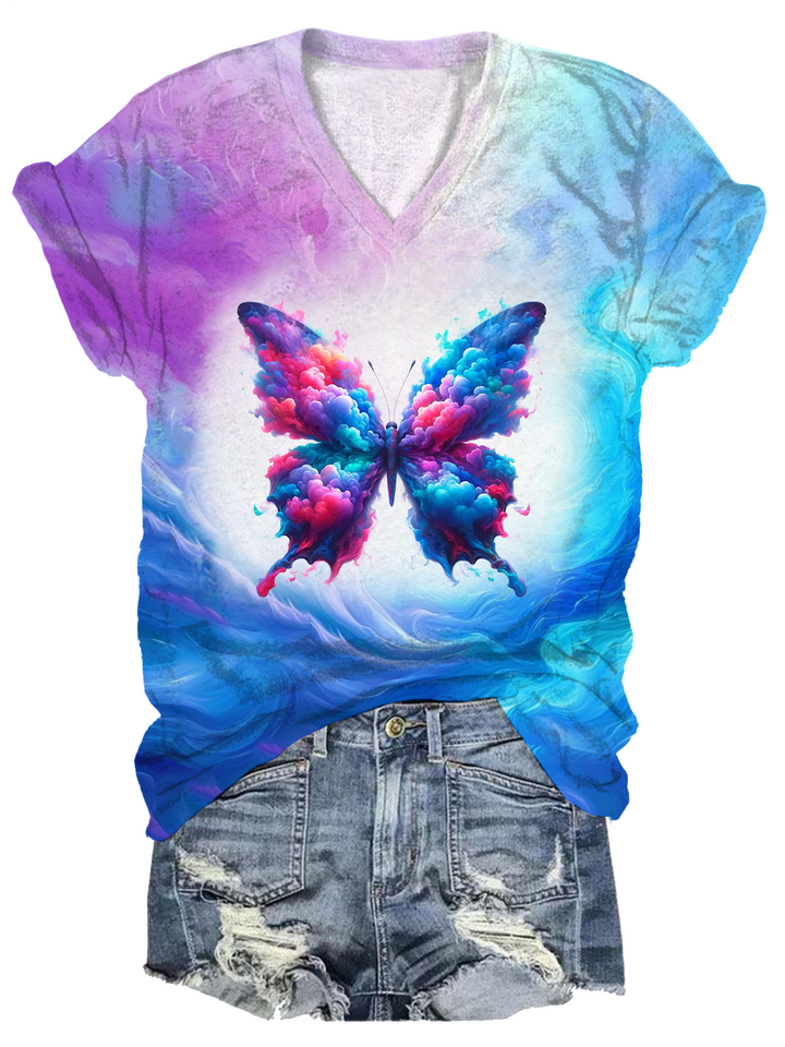 Tie-dye Colored Smoke Butterfly V-neck T-Shirt