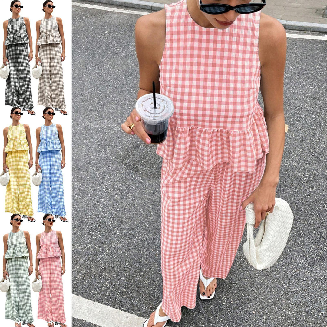 Womens Gingham Set Ruffle Plaid Peplum Tops and Pants Summer Vacation Going Out Sets for Daily Wear Beach admired