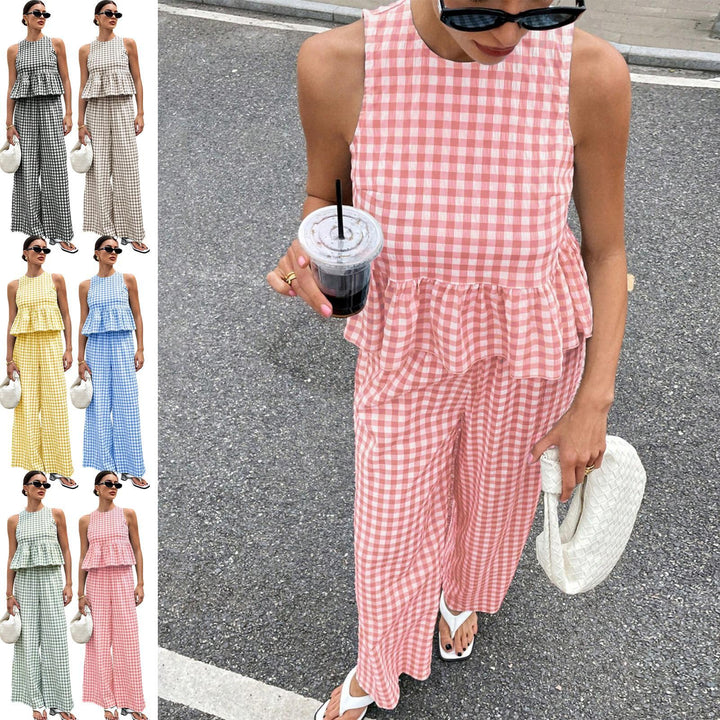 Womens Gingham Set Ruffle Plaid Peplum Tops and Pants Summer Vacation Going Out Sets for Daily Wear Beach admired