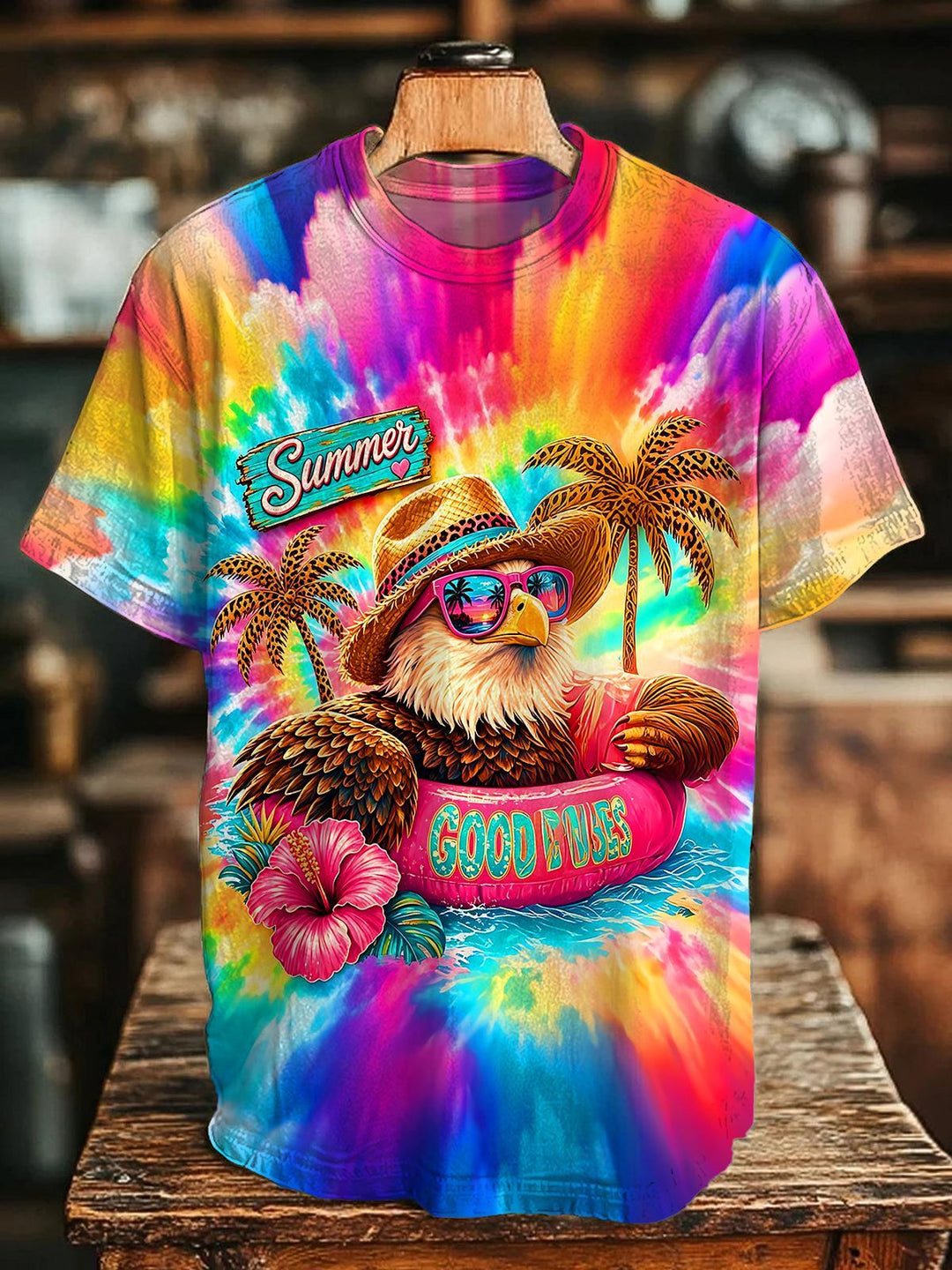 Colorful Tie-Dye Summer Vacation Eagle Leopard Print Palm Women's Short Sleeve Crew Neck T-shirt
