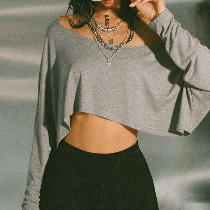 Off The Shoulder Crop Tops for Women Long Sleeve Slouchy Off The Shoulder Top Loose Casual T Shirt for Dating proficient