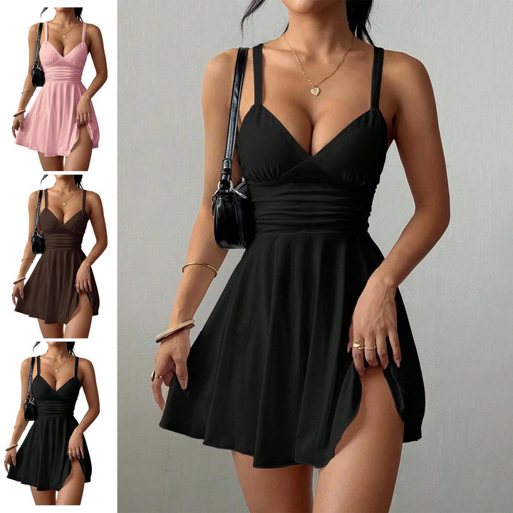 Sleeveless Mini Dress for Women Cinched Waist V Neck Flowy Short Dress Elegant Sundresses for Cocktail Party appropriate