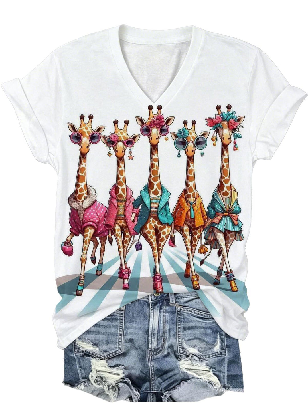 Giraffe Print Women's Short Sleeve V Neck T-Shirt
