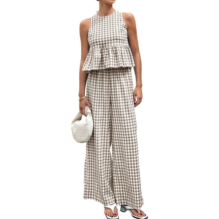 Womens Gingham Set Ruffle Plaid Peplum Tops and Pants Summer Vacation Going Out Sets for Daily Wear Beach admired
