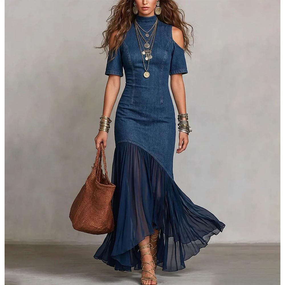 Womens Denim Dress Cold Shoulder Sheer Ruffle Long Jean Denim Summer Flowy Summer Sundresses for Daily Wear like-minded