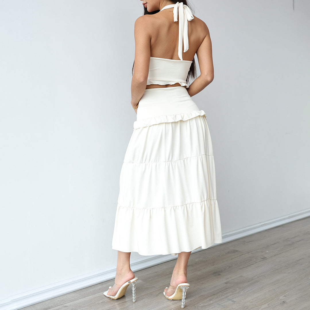 Matching Skirt and Top Set Two Piece Twist Front Sleeveless Halter Top and Pleated Swing Skirt for Vacation graceful