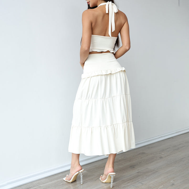 Matching Skirt and Top Set Two Piece Twist Front Sleeveless Halter Top and Pleated Swing Skirt for Vacation graceful
