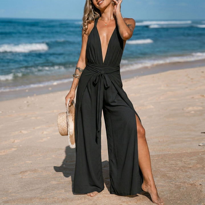 Halter Jumpsuits for Women Side Slit Backless Convertible Wide Leg Jumpsuits Sleeveless Overalls for Vacation first-rate
