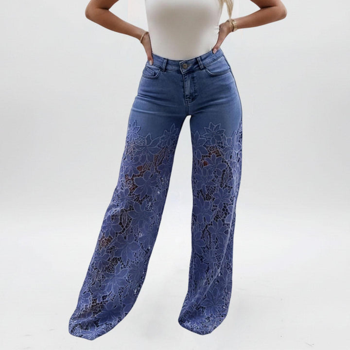 Lace Jeans for Women Hollow Lace Spliced High Waisted Fashion Jeans Loose Fit Denim Pants for Daily Wear exceptional
